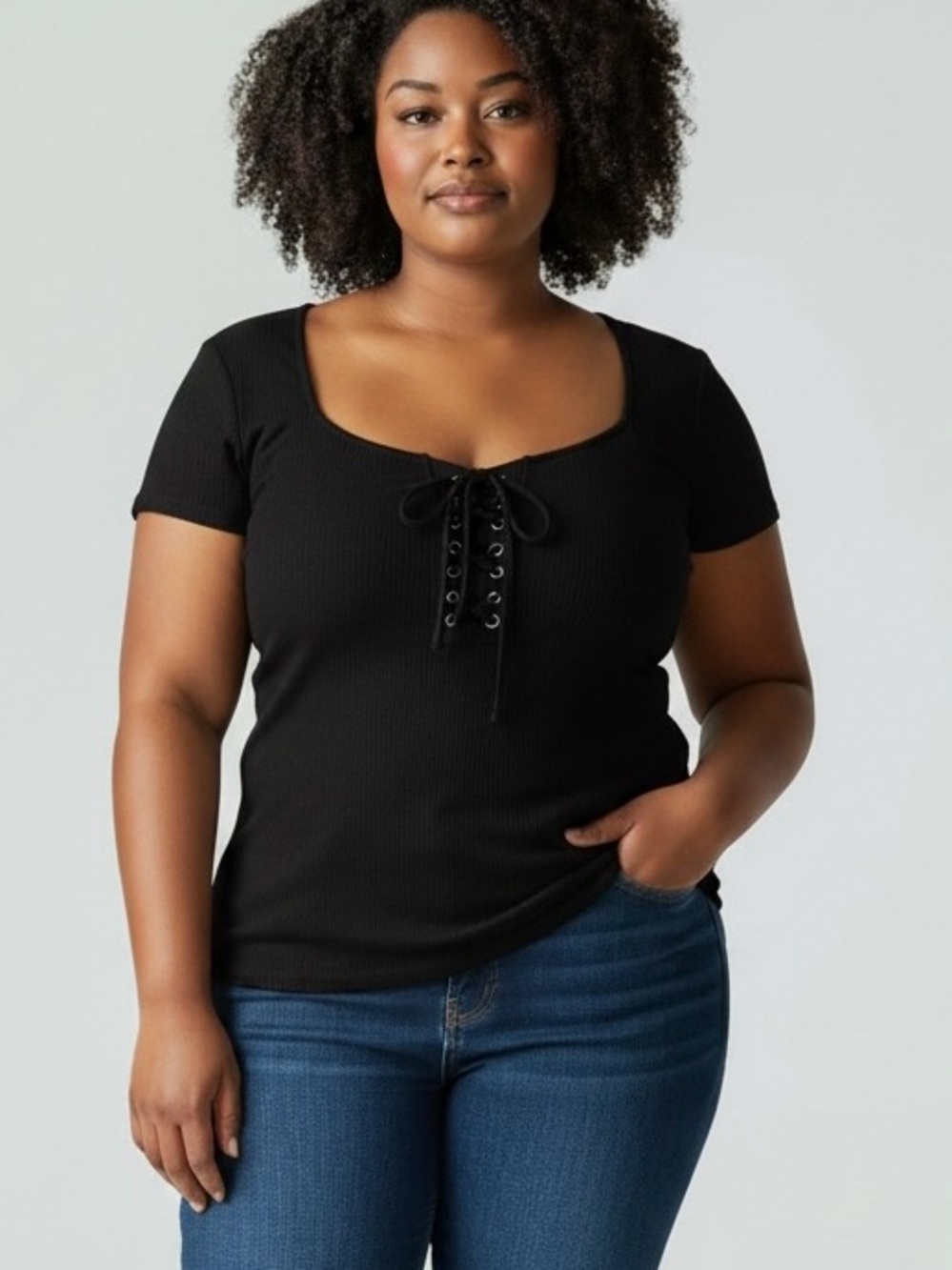 torrid Black Ribbed Lace-Up Scoop Neck Short Sleeve Top